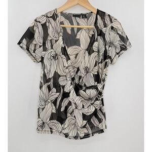 Tahari Floral Print Mesh Top‎ Black White Surplice Short Sleeve Blouse M Boho